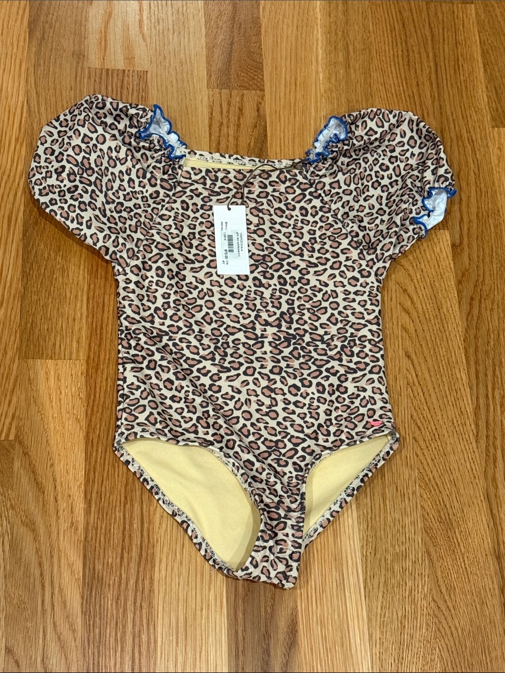 Pink Chicken Leopard Print Kids One-Piece Swimsuit with Blue Trim